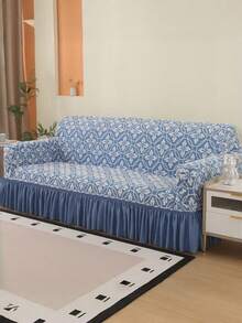 Vỏ bọc ghế sofa bằng vải nhung jacquard với viền chân váy co giãn, chất liệu sợi polyester đơn giản và hiện đại, phù hợp cho phòng khách và gia đình. - Xanh và trắng - Xem 6