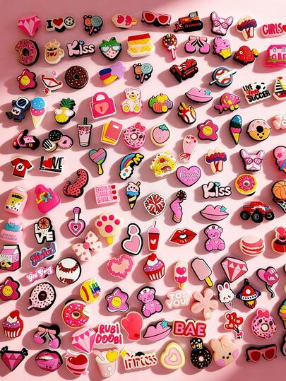 10-200 piezas/Set Serie rosa aleatoria DIY Encantos para zapatos, llaveros, sandalias, bolsas de playa, decoraciones de zapatos de PVC adecuadas para zuecos, excelente regalo para Navidad, cumpleaños, fiesta
