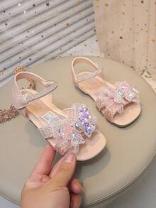 女童公主凉鞋，新款夏季美人鱼蝴蝶结水钻鞋，儿童软底防滑沙滩凉鞋 - 粉色 - 查看 1