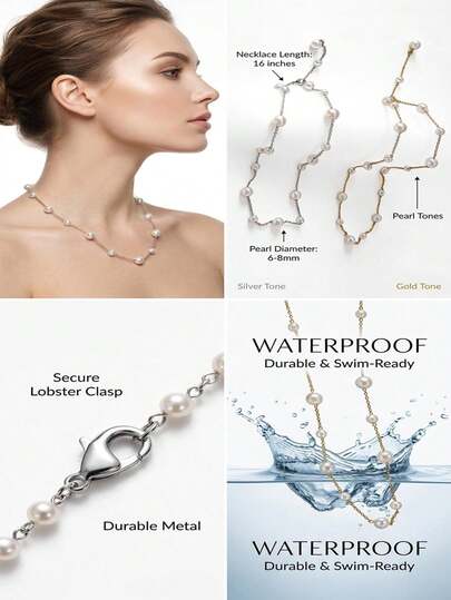 1条316L不锈钢优雅珍珠项链，女士款，防褪色防水，优雅项链，不锈钢项链，简约镀金/镀银链