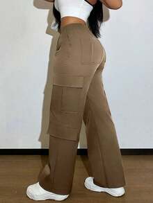 Brown Multi-Pocket Buttoned Casual Y2K Leisure Elegant And Cute Work Pants. Suitable For Back-To-School, Clubs, Birthday Parties, Halloween, New Year, Thanksgiving, Concerts, Gyms, Beaches, Vacations, Business, Daily Airport Wear, Street Style, Teacher's Day, Spring, Summer, Autumn And Winter. - 棕色 - 查看 10