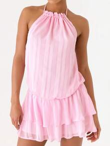 Women Summer Ruched Halter Mini Dress Ruffle Bubble Drop Waist Backless Tie Neck Open Back Mini A Line Swing Dress Y2k Cocktail Clubwear - 粉色 - 查看 2
