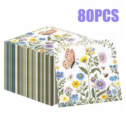 80/40/20 chiếc khăn ăn dùng một lần kích thước 13 * 13 inch, chủ đề đồng quê, rừng cây, vườn cổ điển, kết hợp hoa dại và bướm, bao gồm các loài hoa nhỏ màu tím, xanh dương, vàng và nhiều màu khác, kết hợp với cành lá xanh và hình bướm, ong màu cam nhạt cùng các họa tiết khác, thích hợp sử dụng cho bàn ăn hàng ngày, tiệc trà chiều, dã ngoại, tiệc vườn, các buổi họp mặt theo chủ đề mùa xuân, tiệc sinh nhật gia đình, tiệc cưới và trang trí nhà hàng.