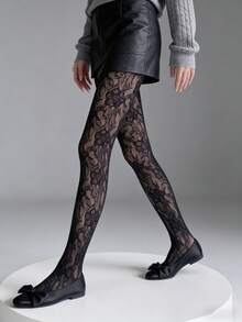 2 Colors Available Vintage Lace Stockings, French Style Floral Net Pantyhose - Multicolor - View 5