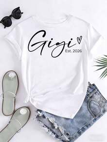 White Crewneck T Shirt Gigi Est 2026 Heart Print Casual Everyday Wear, 220g - 白色 - 查看 3
