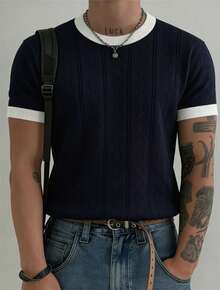 GRDR Men's Minimalist Fashion Knit T-Shirt Top - Daily Wear - Navy Blue - View 5