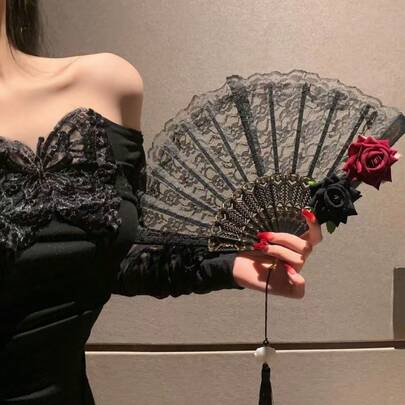 Quạt xếp ren đen kiểu Trung Quốc cổ điển mới, thích hợp cho trang phục Trung Quốc, trang trí tua rua, phong cách cổ điển, họa tiết hoa hồng, cầm tay, đạo cụ biểu diễn sân khấu, phụ kiện quạt xếp chụp ảnh.