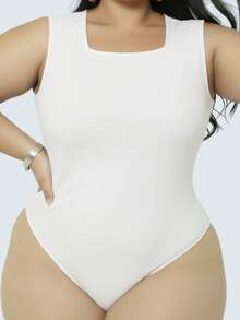 Plus Size Bodysuit Square Neck Tank Top Foreign Fashion - trắng - Xem 4