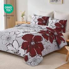 Floral Quilt Set Queen 3 Pieces Red Flower Quilt Coverlet Set with 2 Pillow Cases Lightweight Soft Microfiber Reversible Boho Bedspread for All Seasons 96"x90" - Rojo - Ver 3