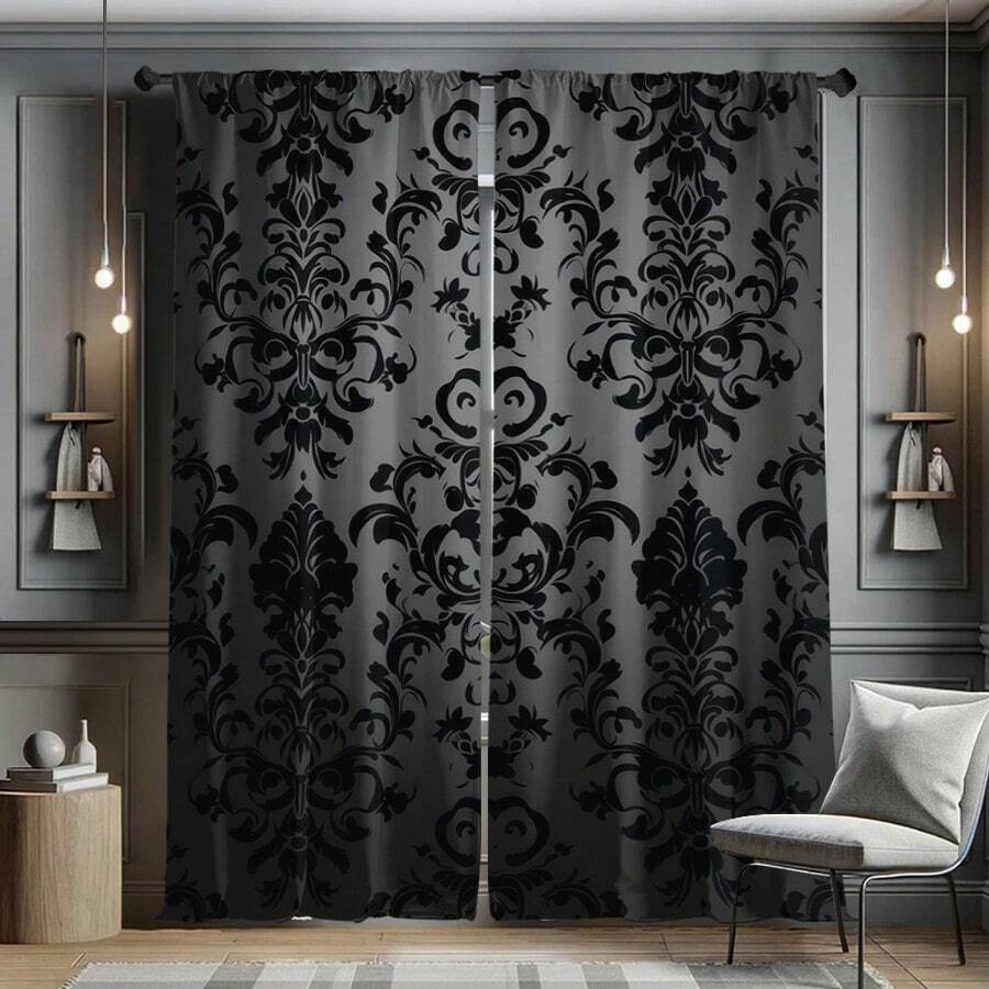 Bộ 2 rèm cửa họa tiết hoa đen cổ điển - Phong cách Gothic thời Victoria, in phẳng 2D, thiết kế có túi đựng thanh treo tiện lợi, hoàn hảo cho trang trí phòng khách và phòng ngủ. - Nhiều màu - Xem 1