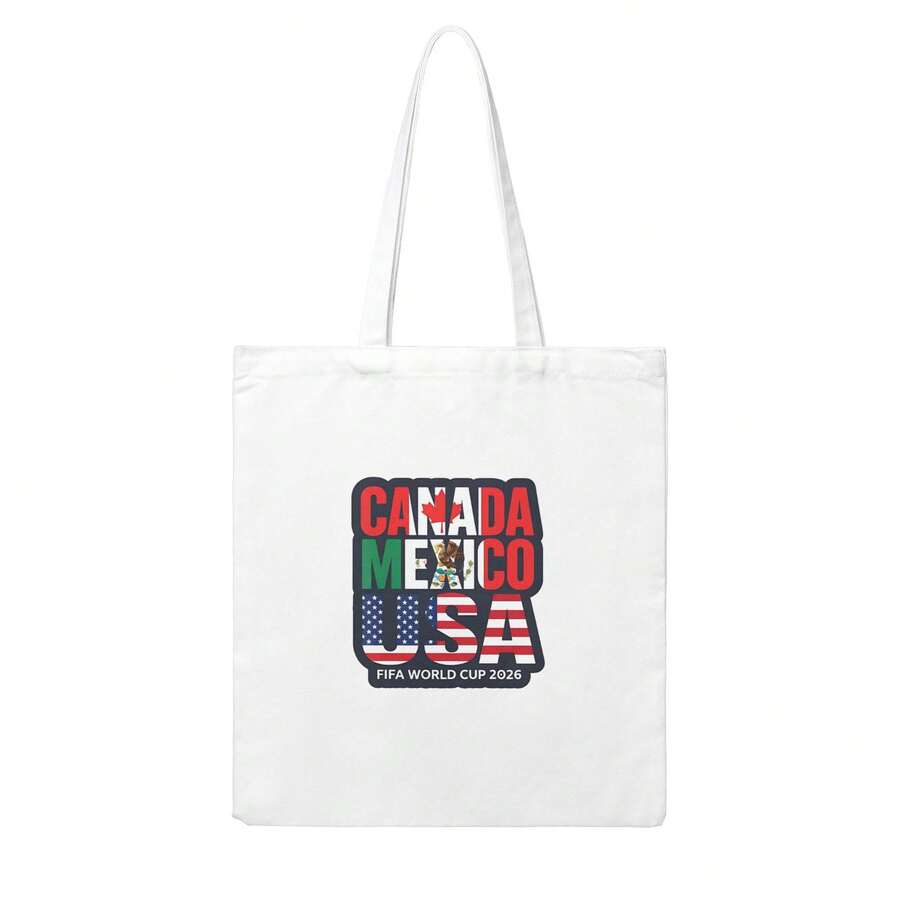 Canada USA Mexico 2026 World Cup Flag Text Canvas Tote Bag,  World Cup Fans Reusable Shopping Bag, Casual Patriotic Shoulder Bag - 白色 - 查看 1