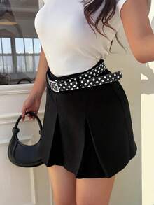 Women's Solid Color Pleated Mini Skirt, A-Line Casual Skirt, Non-Stretch, Fashion Versatile Elegant - Black - View 6