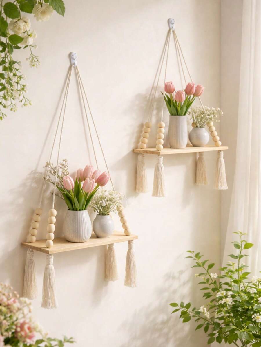 1/2件套编织挂架，浅色木绳壁挂式收纳架，波西米亚风植物吊篮，适用于室内客厅卧室，现代波西米亚风悬挂式收纳架，多功能编织壁挂架，简约优雅悬挂式收纳架，时尚家居装饰展示架，适用于浴室、厨房、卧室或客厅墙面