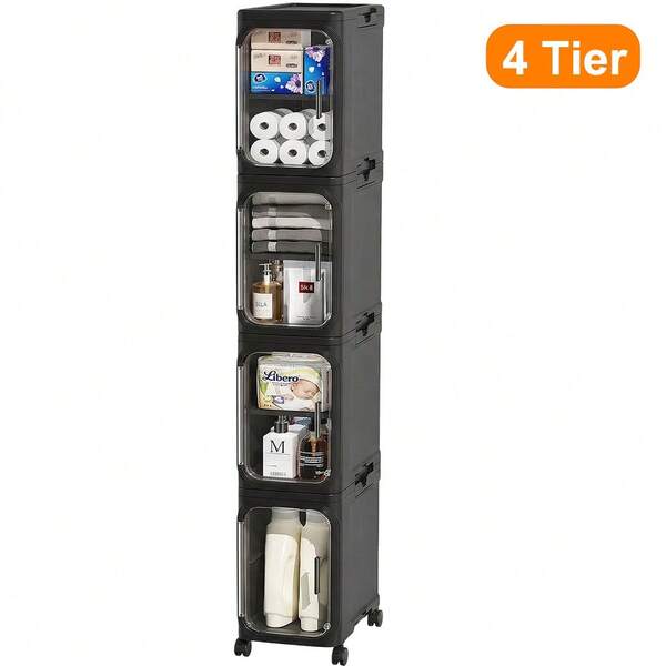 4-Tier Slim Room Storage Cabinet, Narrow Rolling Organizer With Wheels, Adjustable Shelves, Magnetic Doors, Waterproof And Stable Bathroom Storage Cabinet, Slim Storage Cabinet For Small Spaces (Black)