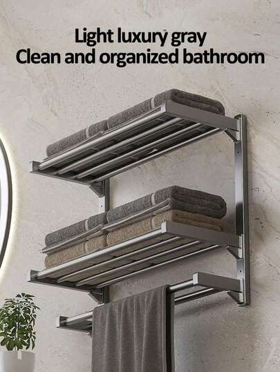 No Drill Bathroom Storage Rack - Sturdy Towel Rack, Space-Saving And Easy To Install, Suitable For Bathroom, Kitchen, Laundry Area, Modern Wall-Mounted Design, Fashionable Metal Ends, Rust-Resistant Material, Multi-Tier Rack, Towel Bar