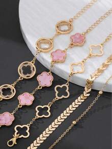 Bộ 5 vòng tay đính đá hình cỏ ba lá và máy bay rỗng cổ điển dành cho nữ, màu hồng, kiểu dáng lá may mắn, có thể đeo chồng lên nhau (Không kèm hộp quà. Do cắt thủ công, số lượng hạt trên dây chuyền là ngẫu nhiên nhưng chiều dài cố định, không ảnh hưởng đến hiệu quả khi đeo). - Nhiều màu - Xem 3