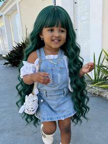 Tóc giả dài gợn sóng màu xanh lá cây có mái cho bé gái, thích hợp để hóa trang hàng ngày, Halloween, Giáng sinh, chịu nhiệt. - Nhiều màu - Xem 5