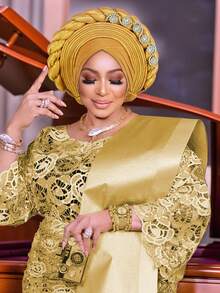 1pc Royal Blue Satin Braided Gele Turban For Women, Rhinestone Embellished African Headwrap For Wedding & Party Occasions - A - 查看 18