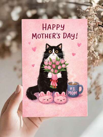 Một tấm thiệp Ngày của Mẹ ấm áp, với hình ảnh chú mèo đen trắng đang cầm bông hoa tulip màu hồng và ly cà phê, cùng thông điệp "Gửi người mẹ tuyệt vời nhất", món quà hoàn hảo dành tặng mẹ yêu quý. Hình minh họa Ngày của Mẹ được vẽ tay theo phong cách nhẹ nhàng.