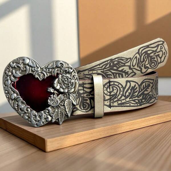 1 pièce Ceinture en cuir gaufré de style vintage américain avec décor en forme de cœur, polyvalente pour jeans, robes, tenues décontractées, accessoire mode pour femmes