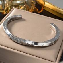 1pc Minimalist Luxury 18K Gold Plated Silver Infinity Loop Engraved Open Bangle Bracelet, Unisex Daily Wear, Couples Jewelry - Silver - View 5