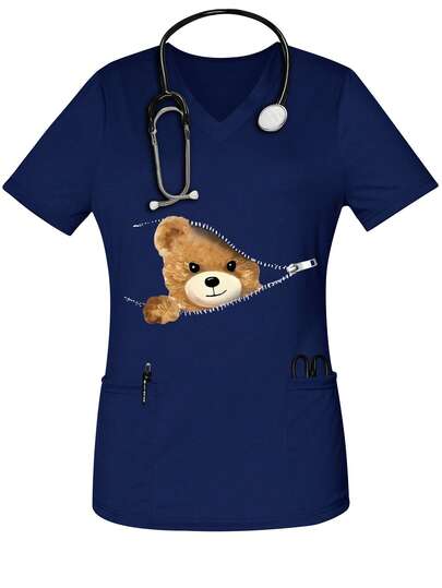 Women's Fashion Short Sleeve V-Neck Nurse Uniform Top, 3D Cute Bear Print, With Pockets