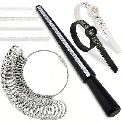 KLONKEE Ring Größenmess-Set: Mandrinen-Messgerät mit 27 Stahlmessringen Größe 0-13 US, 2 Stücke Fingergrößen-Lehre Größe 1-17 US, 4 Stücke Finger-Messadapter für lose Ringe für Männer und Frauen