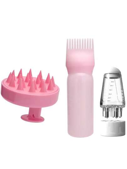 3件套精油涂抹器染发洗发水瓶软头皮按摩液梳套装，家用护发套装，专业发根梳，染发洗发的理想工具