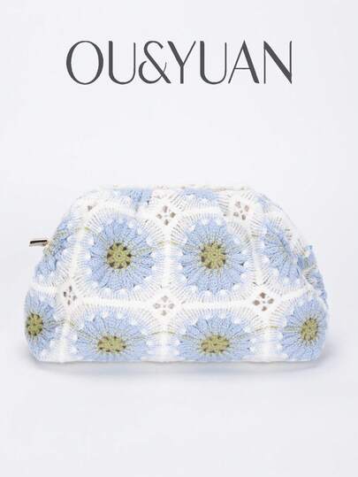 1个花朵钩编云朵折叠包，春夏假日花朵手拿包，适合日常休闲和海滩度假。