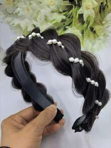 1顶女士时尚焕颜宽檐假发，珍珠编织发箍，适合日常佩戴的发带 - 彩色 - 查看 9