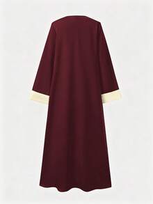 三件套优雅纯色中东长袖开襟长袍+无袖长袍+配套头巾，长袍三件套含头巾，阿拉伯春季服饰 - 紅色 - 查看 4