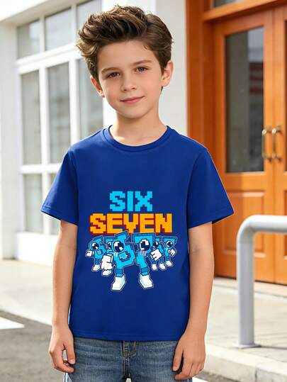 Boys' Casual Street Fashion "67" Numeric & Letter Print Round Neck Short Sleeve Blue T-Shirt, Suitable For Spring, Summer, Autumn, Camping, Cycling, School, Family Vacation, Gathering With Brothers