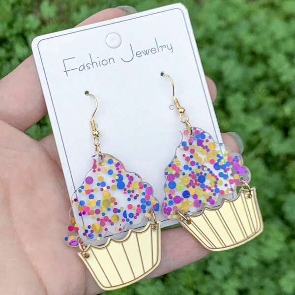1 Pair Women's Birthday Cupcake Acrylic Dangle Earrings, Transparent Glitter Frosting + Golden Cup Holder Design, Dessert Cake Earrings Suitable For Birthday Party, Dessert Theme, Daily Wear