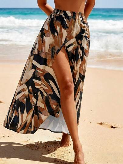 Women's Elegant Summer Leaf Print A-Line Side Slit Maxi Dress, Suitable For Summer & Vacation Wear