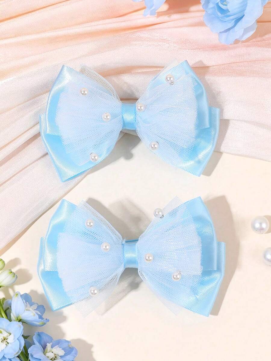 2pcs Blue Satin Mesh Pearl Bow Silk Hair Clip For Girls, Elegant & Cute Barrette Hairpin For Teen Girls, Suitable For Daily Wear, Holidays, Beach Photos, Back To School, Head Accessories, Girls Hair Accessories , Claw Clips(Random Pearl Placement) - Multicolor - View 1