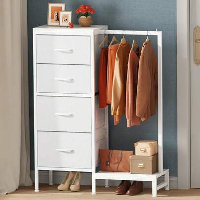 4-In-1 Storage Dresser With 4 Drawers & Hanging Rack,Sturdy Closet Organizer For Bedroom,White