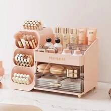UFORU Large Capacity Makeup Storage Box, Multi-Functional Makeup Brush Lipstick Eyebrow PencilPocket Mirror Storage Box, Desktop MakeupOrganizer Home & Travel, Makeup Box,Cosmetics Organizer Storage Pink - White - View 1