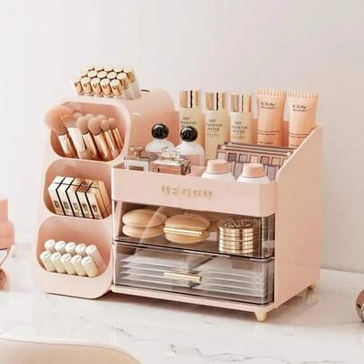 Caja de almacenamiento de maquillaje de gran capacidad UFORU, caja de almacenamiento multifuncional para brochas de maquillaje, lápices labiales, lápices de cejas, espejo de bolsillo, organizador de maquillaje para el hogar y viajes, caja de maquillaje, organizador de cosméticos color rosa