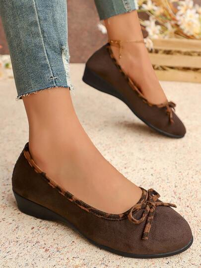 New Fashionable Retro Leopard Print Edged Wedge Slip-On Loafers For Women, Bowknot Decor, Soft Sole Comfortable Versatile Shoes