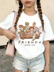 Disney Toy Story Friends Co Branded Character Family Photo Sitting On The Sofa, FRIENDS SINCE 1995 Retro And Warm Print Pattern Summer Tops,Short-Sleeved Casual And Cute Style  Children's Clothing Design, Girl Clothes For Kids ,Ropa Para Niños,Girl Clothes For Kids,Graphic Tee, Summer Clothes,Perfect For Cool Girls. Comfortable And Breathable Children's Short-Sleeved T-Shirt. Comfortable And Casual Wear All Year Round 180g Pure Cotton Children's Clothes,Comfortable & Lightweight, Iconic Print For Mix-And-Match Outfits,Suitable For Both Boys And Girls. - White - View 2