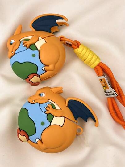 1pc Cartoon Dinosaur Breathing Fire Earth Design Case With Lanyard, Suitable For Airpods 4th Gen, 1/2, Pro 1/2, Pro 3, Cute Couple Earphone Protective Cover (Earphones Not Included)
