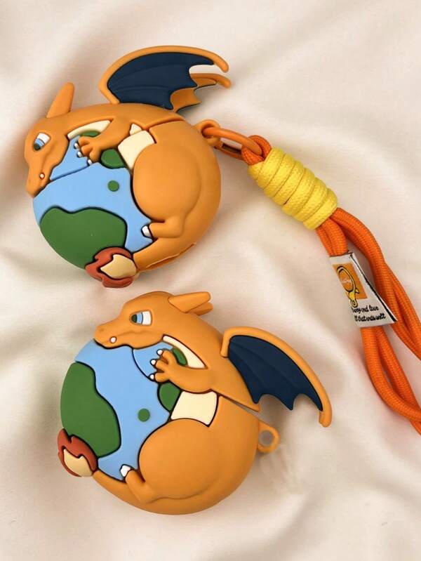 1pc Cartoon Dinosaur Breathing Fire Earth Design Case With Lanyard, Suitable For Airpods 4th Gen, 1/2, Pro 1/2, Pro 3, Cute Couple Earphone Protective Cover (Earphones Not Included)