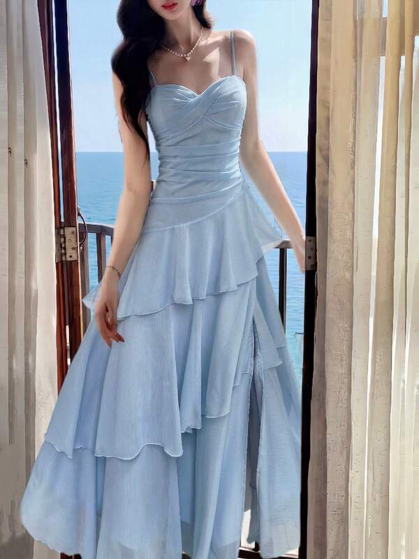 Vestido elegante con tirantes asimétricos con volantes, de moda versátil, adecuado para mujeres, diseño minimalista de tirantes finos, adecuado para fiestas, bailes de graduación, eventos de noche, cumpleaños, bodas, vuelta al colegio y otras ocasiones, estilo digno y entallado para el verano