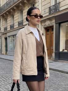 Womens Fall Spring Jacket Casual Loose Fit Stylish Solid Color Zip Up Collared Long Sleeve Coat - Beige - View 3