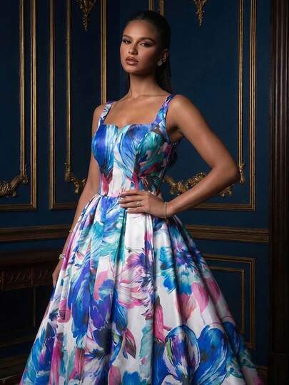 Vestido Longo Floral Elegante de Tecido Tecido, Design de Alça Fina Sem Mangas com Fenda, Adequado para Férias de Mulheres