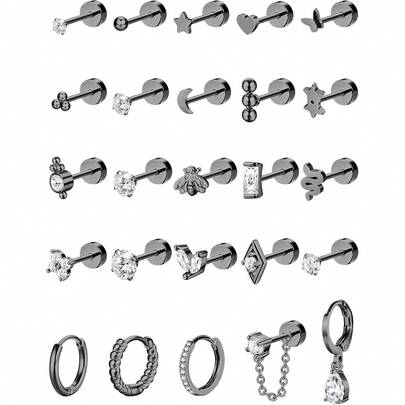 ORAZIO 25件套耳钉耳环，不锈钢材质，男女通用，平底耳骨耳环套装，适合多个耳洞，如耳廓和耳骨。