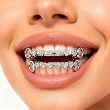 THATBOY 2个镂空心形立方氧化锆镶嵌嘻哈牙套，时尚派对礼物（女士） - 彩色 - 查看 14