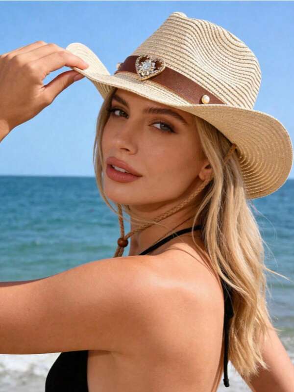 Women's Rhinestone Heart-Shaped Western Cowboy Hat, Wide Brim Breathable Sun Hat, Suitable For Summer Beach Vacation And Outdoor Activities
