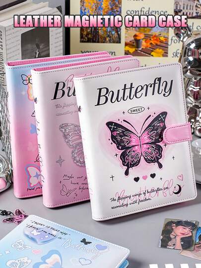 High-Quality Leather Magnetic Closure Photo Album, Holds 4 Star Photos. 3-Inch Butterfly Pattern Album, Suitable For Photo & Card Storage.