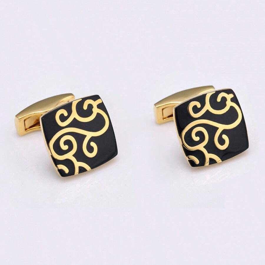 Creative Gold Pattern Cufflinks, Alloy Enamel French Style Cuff Links, Fashion Dress Shirt Jewelry Gift Box Set For Dad Husband Boyfriend Birthday Christmas - 金色 - 查看 1